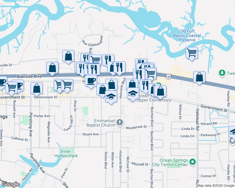 map of restaurants, bars, coffee shops, grocery stores, and more near 2223 Government Street in Ocean Springs