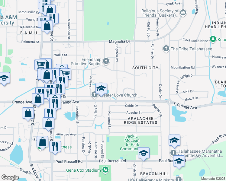 map of restaurants, bars, coffee shops, grocery stores, and more near 2614 Brighton Road in Tallahassee