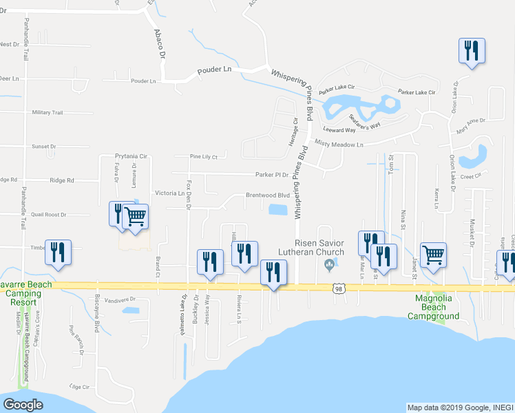 map of restaurants, bars, coffee shops, grocery stores, and more near 2209 Creekwood Court in Navarre