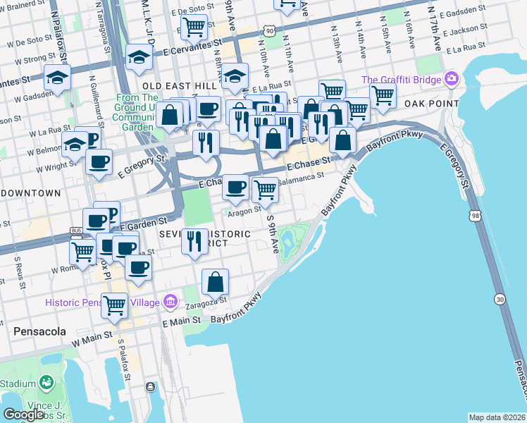 map of restaurants, bars, coffee shops, grocery stores, and more near 9 South 9th Avenue in Pensacola