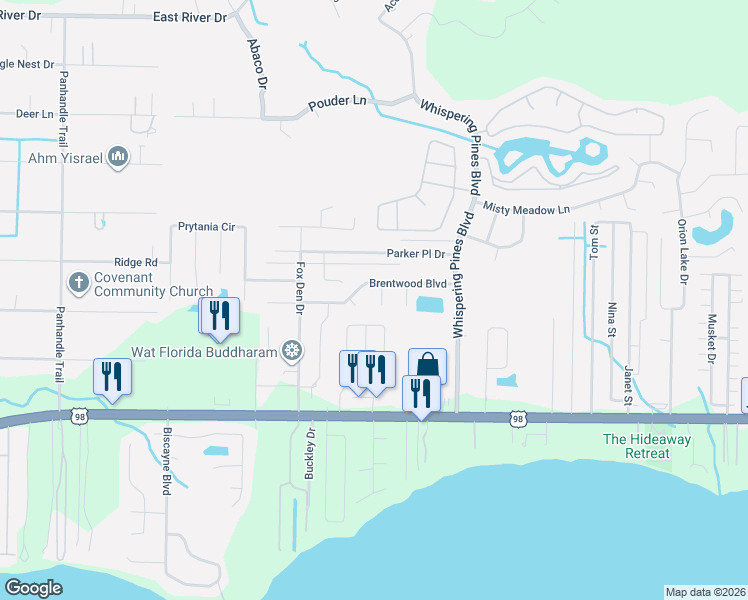 map of restaurants, bars, coffee shops, grocery stores, and more near 2209 Peachwood Court in Navarre
