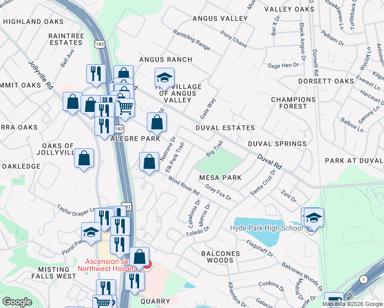 map of restaurants, bars, coffee shops, grocery stores, and more near 11623 Fast Horse Drive in Austin