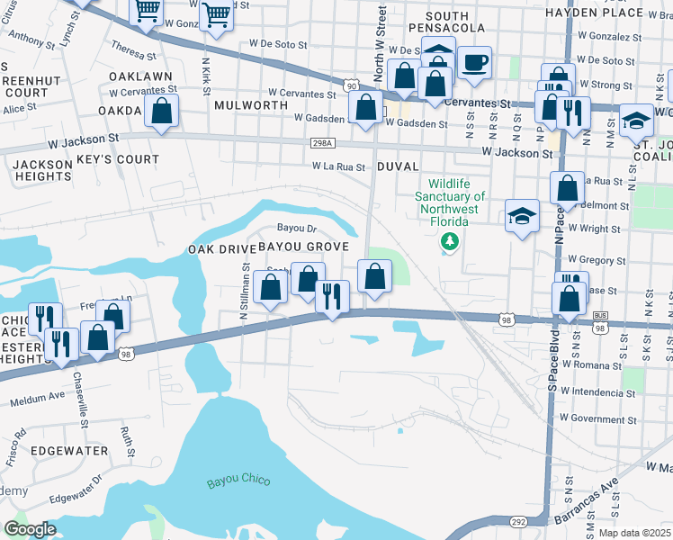 map of restaurants, bars, coffee shops, grocery stores, and more near 205 Davison Street in Pensacola