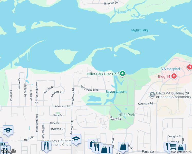 map of restaurants, bars, coffee shops, grocery stores, and more near 2025 Bayou Laporte Drive in Biloxi