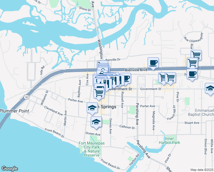 map of restaurants, bars, coffee shops, grocery stores, and more near 1017 Desoto Street in Ocean Springs