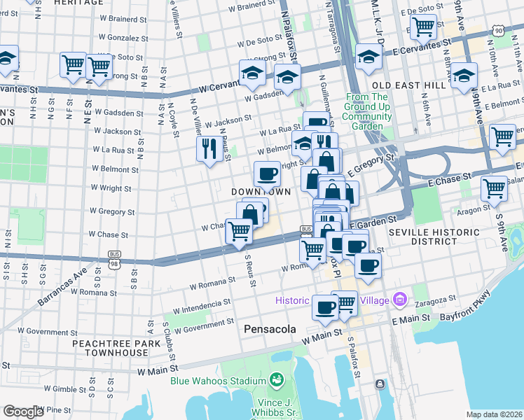 map of restaurants, bars, coffee shops, grocery stores, and more near 220 West Chase Street in Pensacola