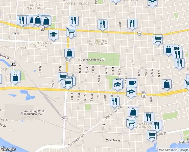 map of restaurants, bars, coffee shops, grocery stores, and more near 1621 W Gregory St in Pensacola