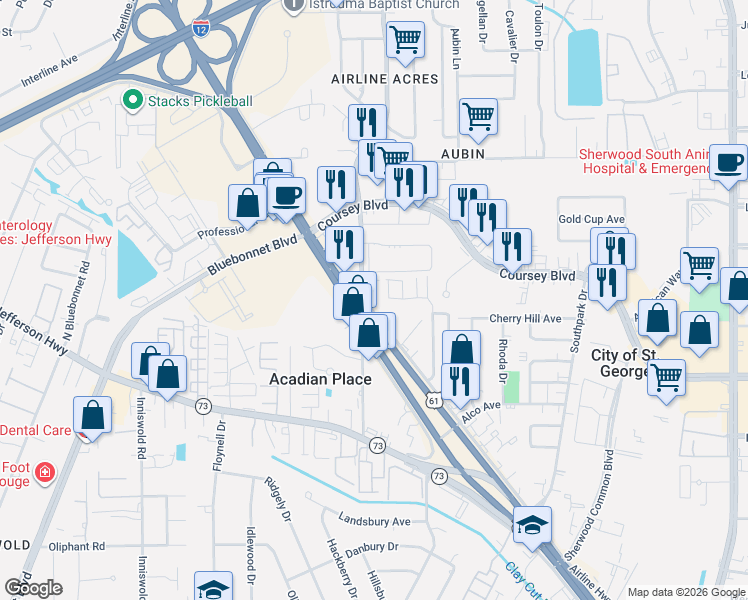 map of restaurants, bars, coffee shops, grocery stores, and more near 10459 Airline Highway in Baton Rouge