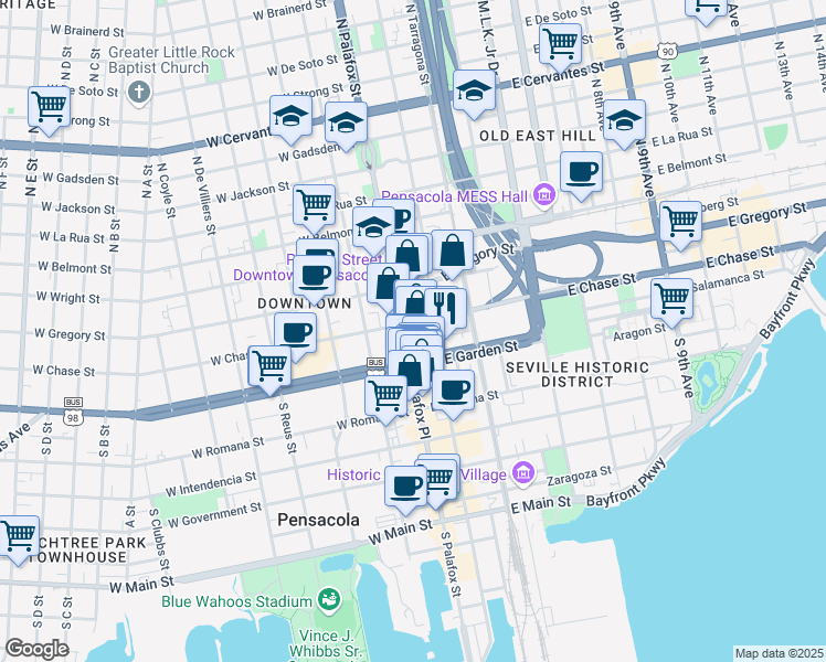 map of restaurants, bars, coffee shops, grocery stores, and more near 32 North Palafox Street in Pensacola