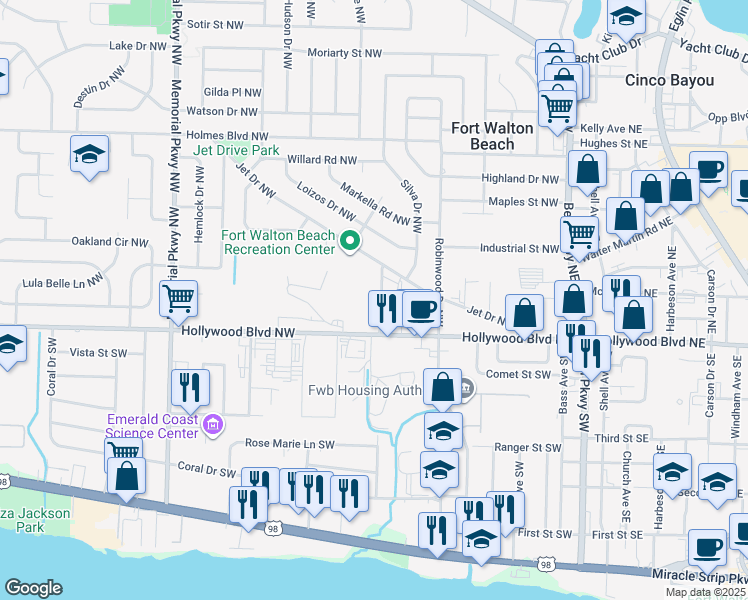 map of restaurants, bars, coffee shops, grocery stores, and more near 10 Jefferson Place Northwest in Fort Walton Beach