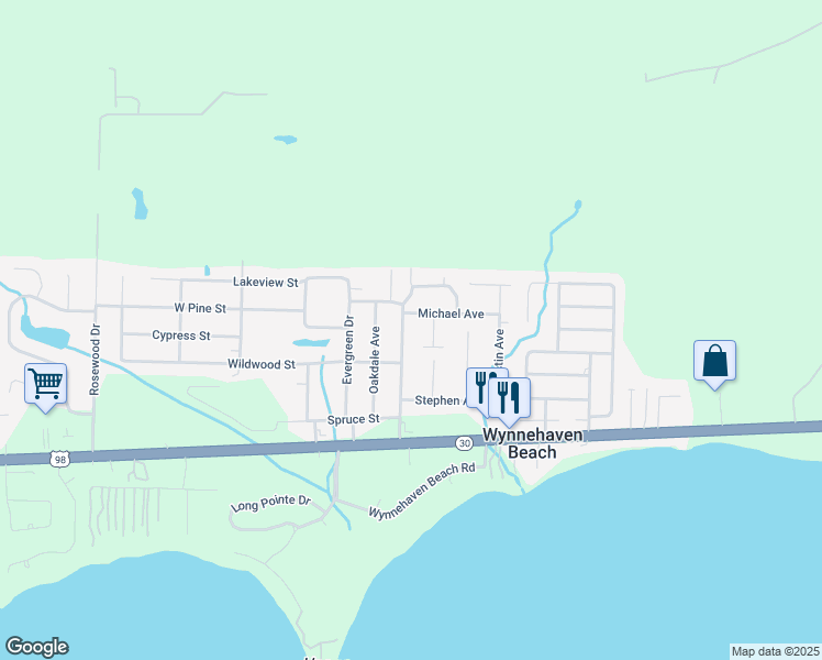 map of restaurants, bars, coffee shops, grocery stores, and more near 313 Woodland Avenue in Mary Esther