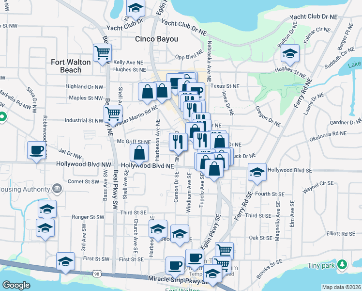 map of restaurants, bars, coffee shops, grocery stores, and more near 18 Gipson Place Northeast in Fort Walton Beach