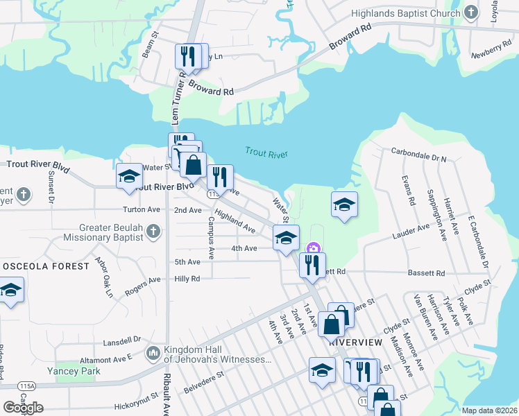 map of restaurants, bars, coffee shops, grocery stores, and more near 9624 Bayview Avenue in Jacksonville