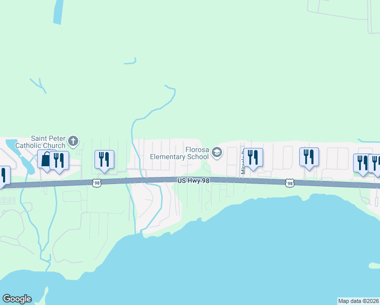 map of restaurants, bars, coffee shops, grocery stores, and more near 479 Spring Brook Lane in Mary Esther