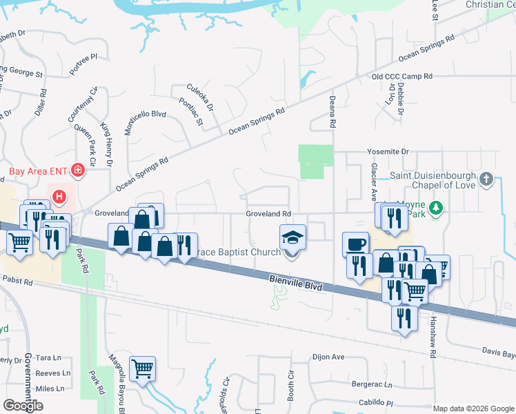 map of restaurants, bars, coffee shops, grocery stores, and more near 4104 Silverwood Drive in Ocean Springs