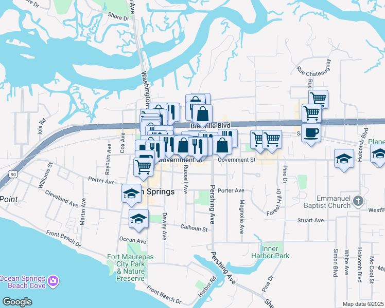 map of restaurants, bars, coffee shops, grocery stores, and more near 902 State Street in Ocean Springs