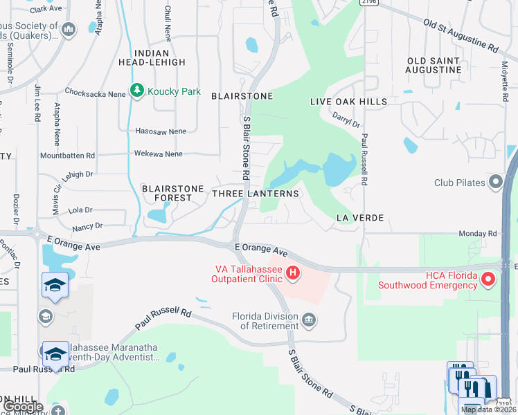 map of restaurants, bars, coffee shops, grocery stores, and more near 1566 Three Lanterns Lane in Tallahassee