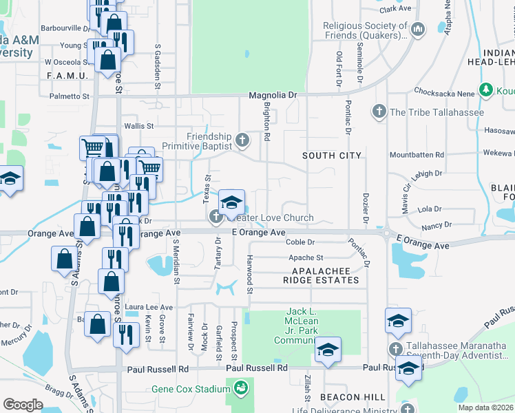 map of restaurants, bars, coffee shops, grocery stores, and more near 2614 Brighton Road in Tallahassee