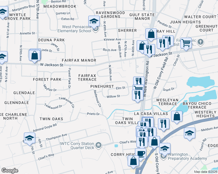 map of restaurants, bars, coffee shops, grocery stores, and more near 273 Chestnut Street in Pensacola