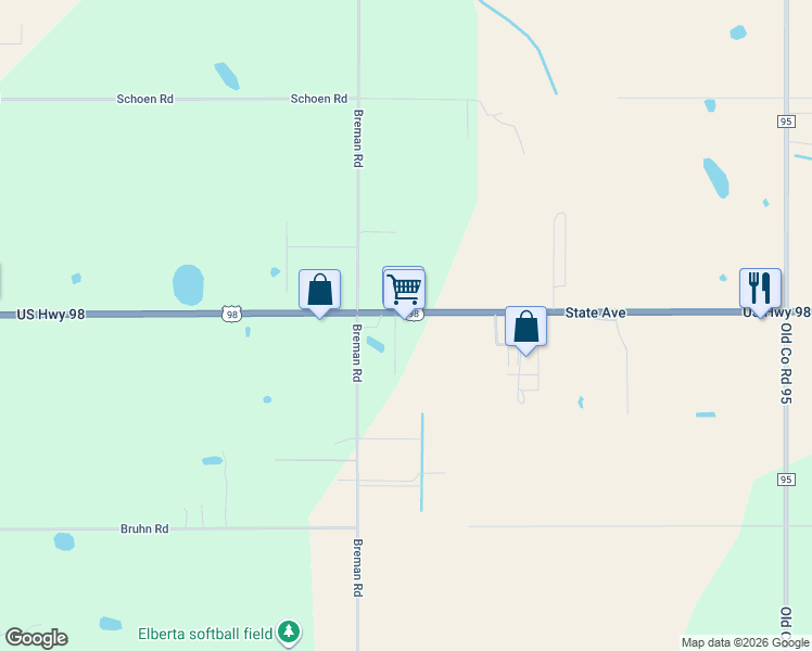 map of restaurants, bars, coffee shops, grocery stores, and more near 27116 U.S. 98 in Elberta