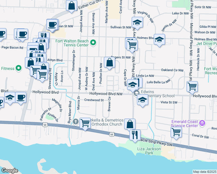 map of restaurants, bars, coffee shops, grocery stores, and more near 414 Sea Rover Lane Northwest in Fort Walton Beach