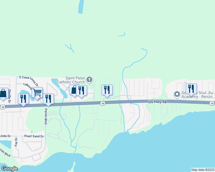 map of restaurants, bars, coffee shops, grocery stores, and more near 218 Squirrel Haven Road in Mary Esther