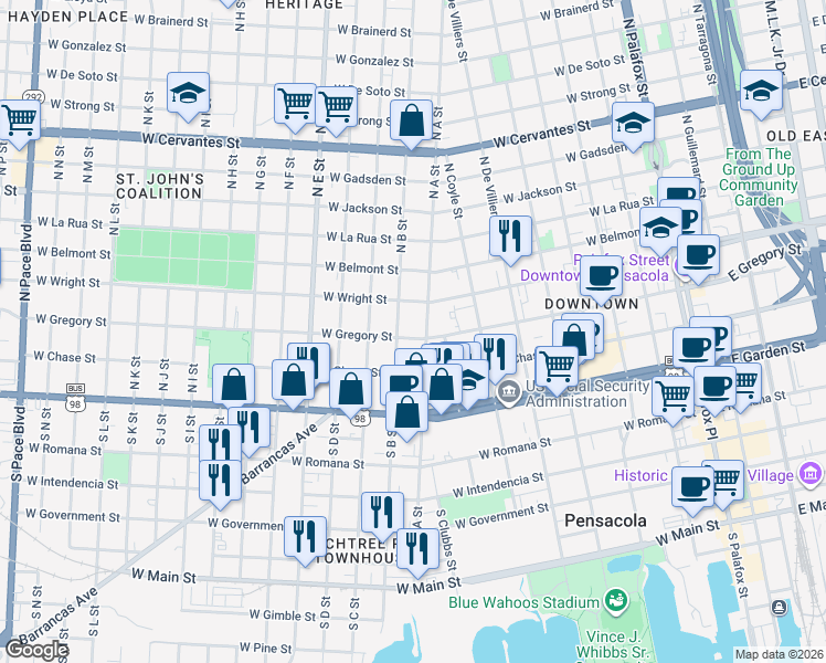 map of restaurants, bars, coffee shops, grocery stores, and more near 708 West Gregory Street in Pensacola
