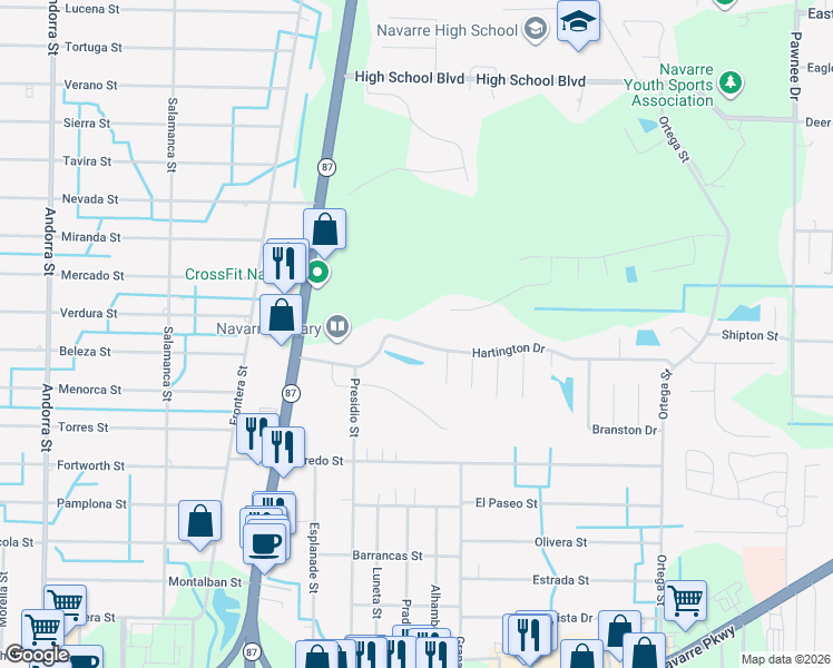 map of restaurants, bars, coffee shops, grocery stores, and more near 8088 Hartington Drive in Navarre