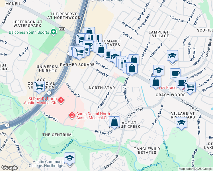 map of restaurants, bars, coffee shops, grocery stores, and more near 12325 Limerick Avenue in Austin