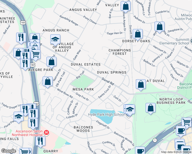 map of restaurants, bars, coffee shops, grocery stores, and more near 4701 Duval Road in Austin