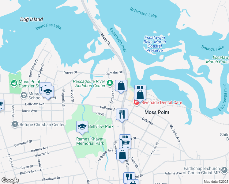 map of restaurants, bars, coffee shops, grocery stores, and more near 5018 Arthur Street in Moss Point
