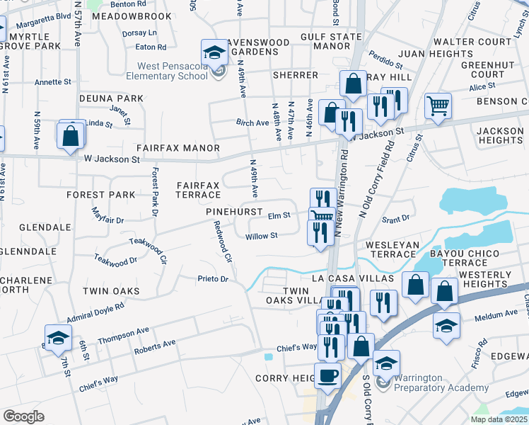 map of restaurants, bars, coffee shops, grocery stores, and more near 118 Elm Street in Pensacola