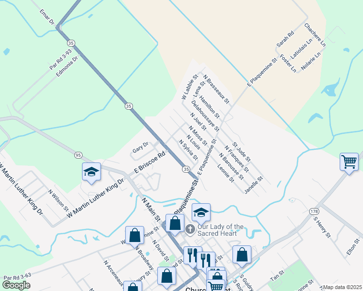 map of restaurants, bars, coffee shops, grocery stores, and more near 564 North Ethel Street in Church Point