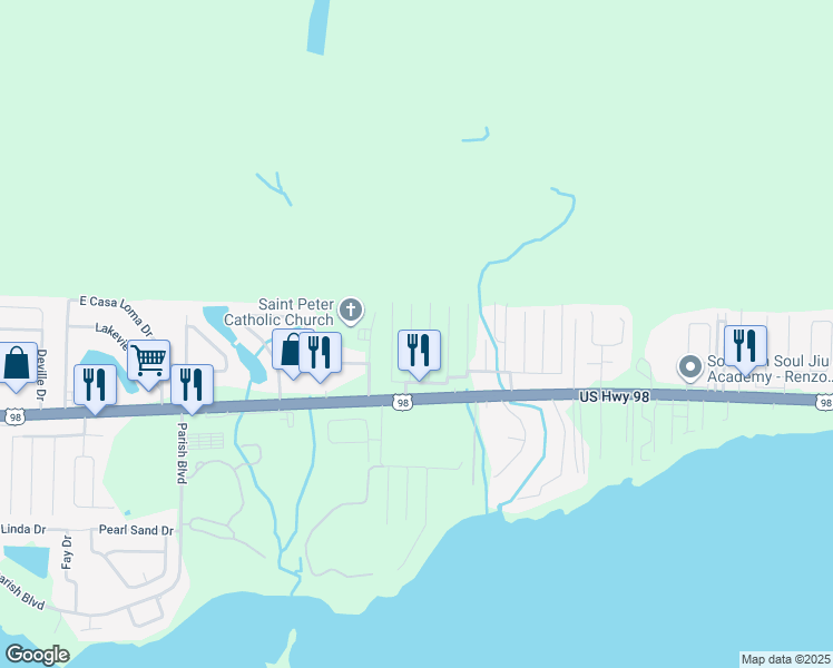 map of restaurants, bars, coffee shops, grocery stores, and more near 218 Squirrel Haven Road in Mary Esther