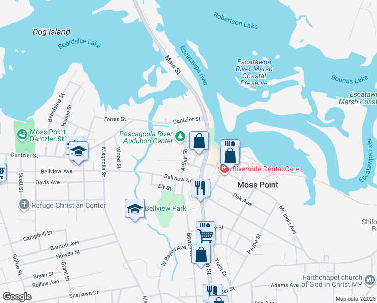 map of restaurants, bars, coffee shops, grocery stores, and more near 5018 Arthur Street in Moss Point