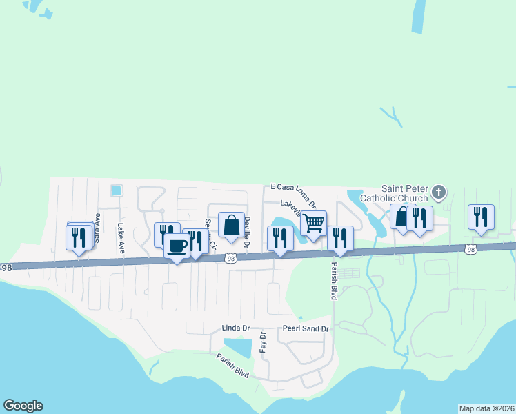 map of restaurants, bars, coffee shops, grocery stores, and more near 13 West Casa Loma Drive in Mary Esther