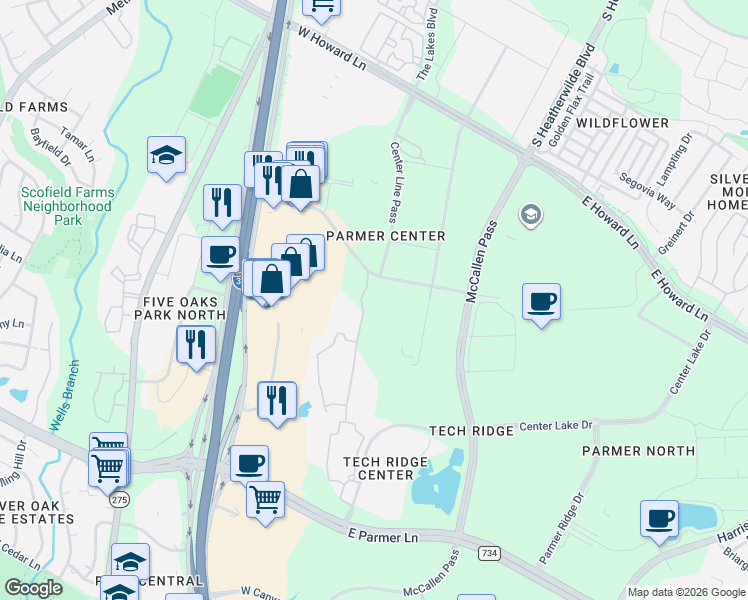 map of restaurants, bars, coffee shops, grocery stores, and more near 701 Center Ridge Drive in Austin
