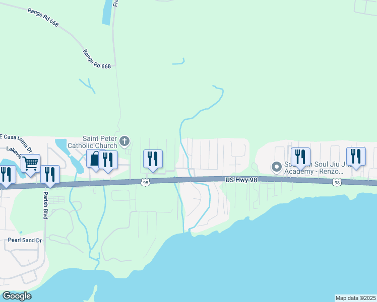 map of restaurants, bars, coffee shops, grocery stores, and more near 7138 Ray Vecchino Road in Mary Esther
