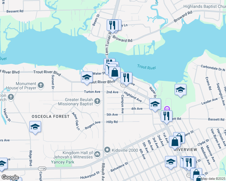 map of restaurants, bars, coffee shops, grocery stores, and more near 2355 2nd Avenue in Jacksonville