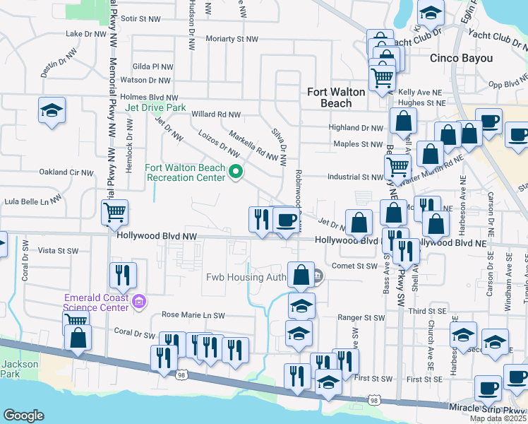 map of restaurants, bars, coffee shops, grocery stores, and more near 10 Jefferson Place Northwest in Fort Walton Beach