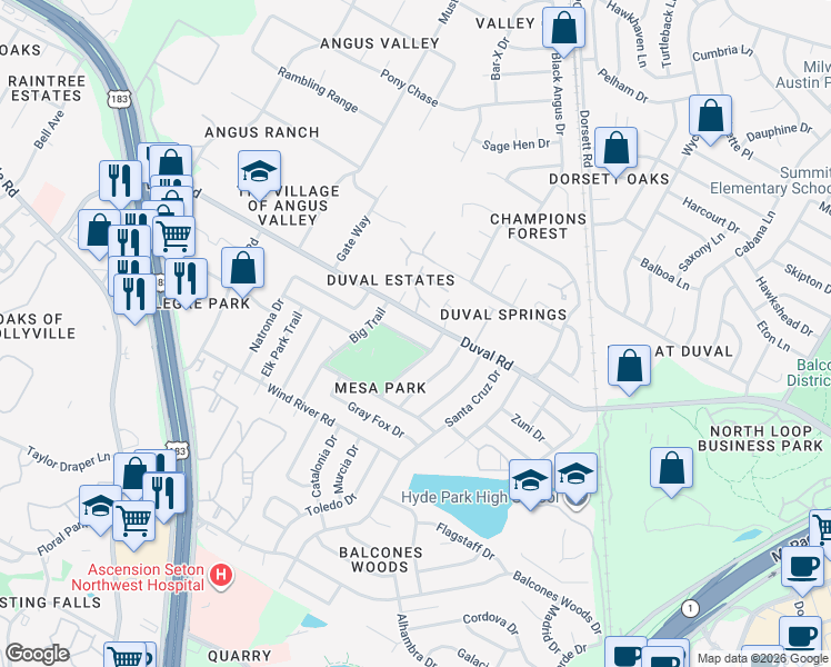 map of restaurants, bars, coffee shops, grocery stores, and more near 4701 Duval Road in Austin