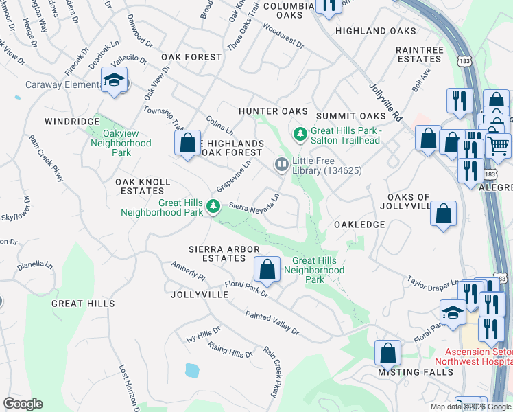 map of restaurants, bars, coffee shops, grocery stores, and more near 10903 Sierra Verde Trail in Austin