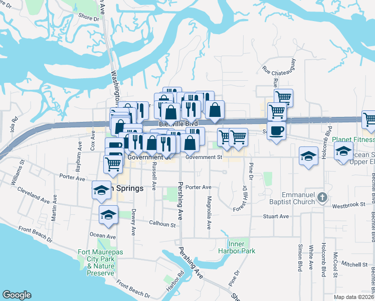 map of restaurants, bars, coffee shops, grocery stores, and more near 800-898 General Pershing Ave in Ocean Springs