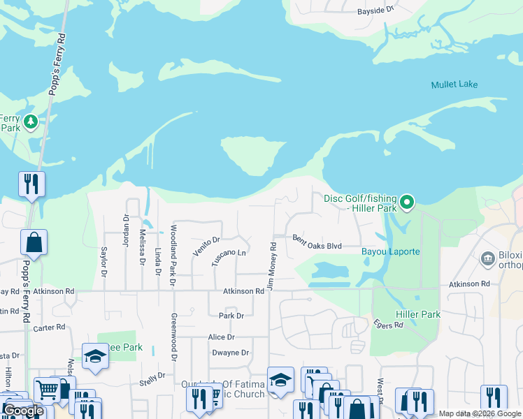 map of restaurants, bars, coffee shops, grocery stores, and more near 2113 Ward Lane in Biloxi