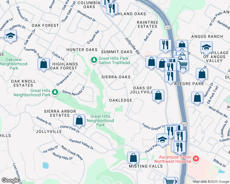 map of restaurants, bars, coffee shops, grocery stores, and more near 5713 Taylor Draper Cove in Austin