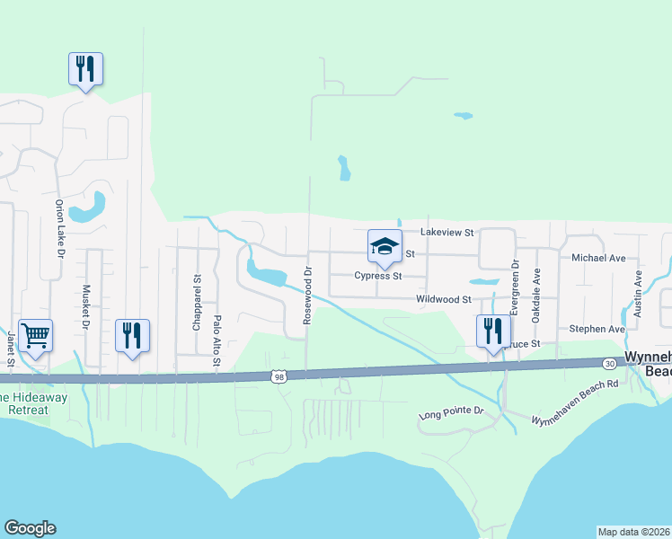 map of restaurants, bars, coffee shops, grocery stores, and more near 135 Palmetto Avenue in Mary Esther