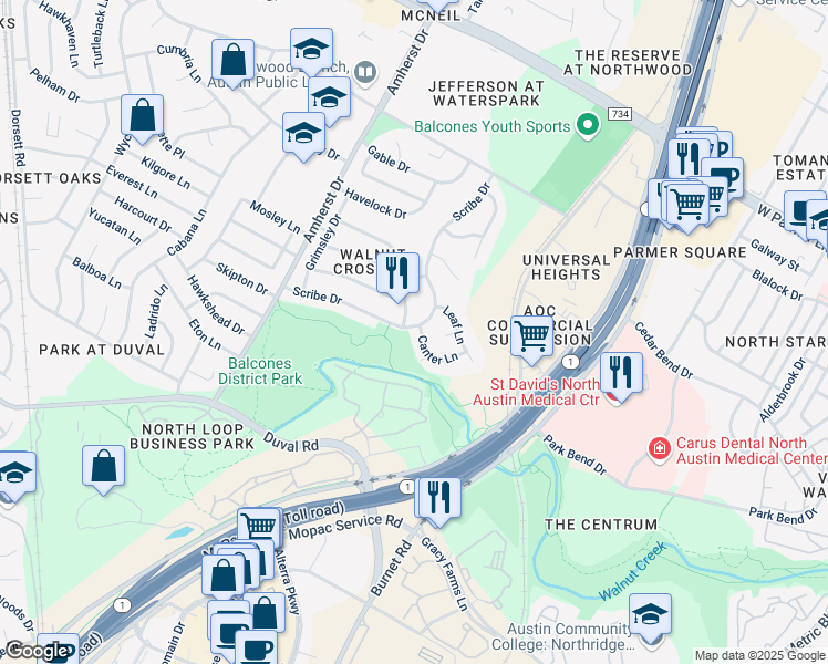 map of restaurants, bars, coffee shops, grocery stores, and more near 3211 Canter Lane in Austin