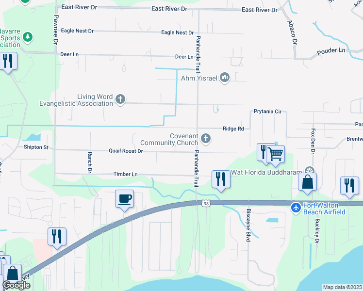 map of restaurants, bars, coffee shops, grocery stores, and more near 9150 Quail Roost Drive in Navarre