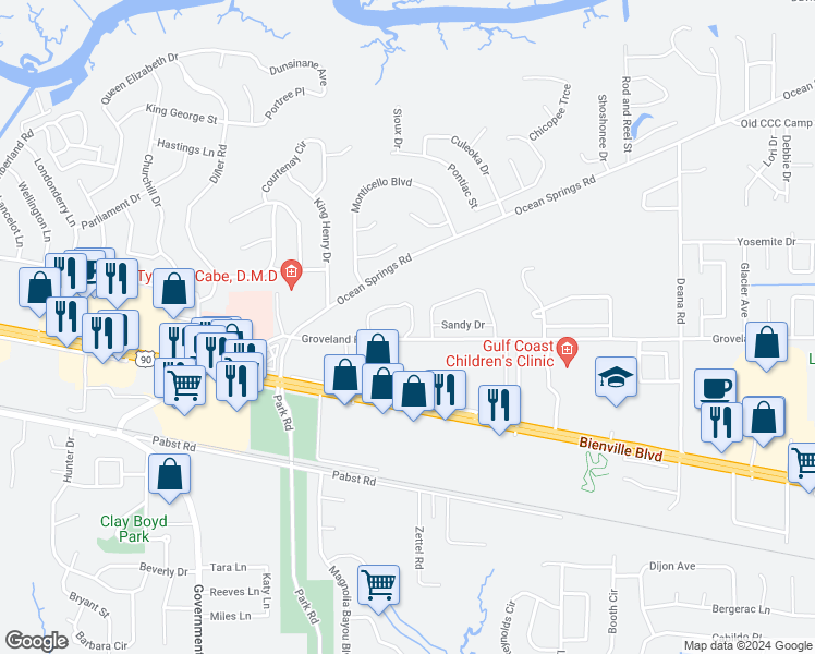 map of restaurants, bars, coffee shops, grocery stores, and more near 116 Station Drive in Ocean Springs