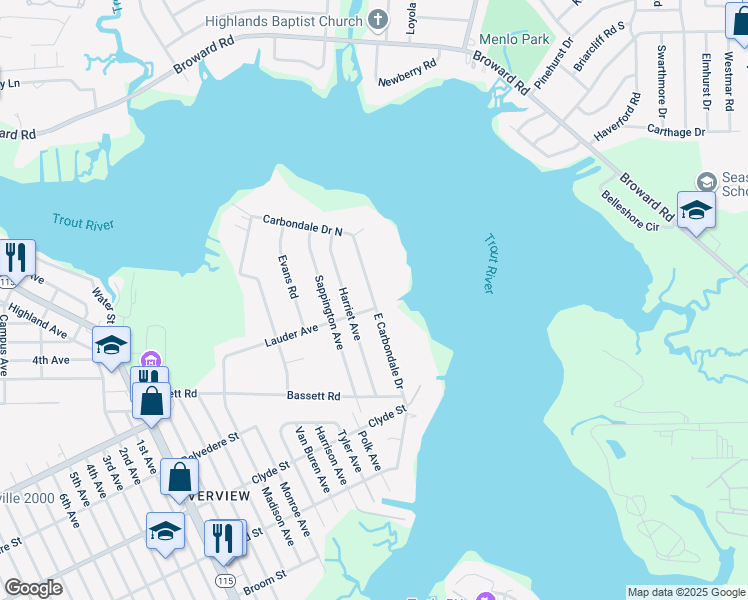 map of restaurants, bars, coffee shops, grocery stores, and more near 9611 East Carbondale Drive in Jacksonville